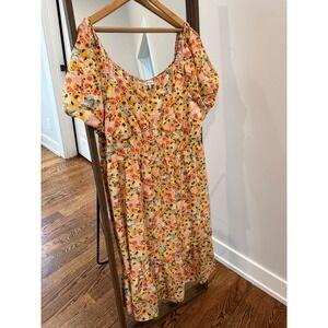 Luxology Floral Midi Dress 3X Yellow Orange Pink Puff Sleeve Smocked Tiered Boho
